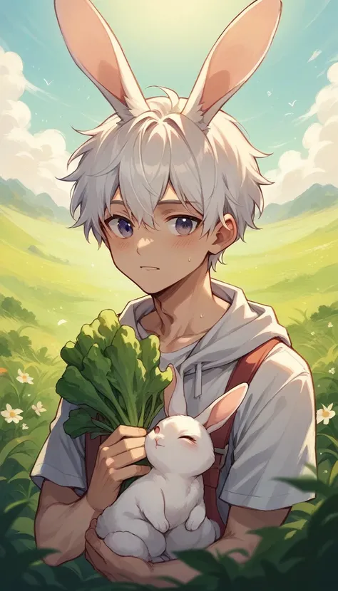 1Man, with long white hair, tender face and big white rabbit ears on his head, dawn sky in a vegetable field,