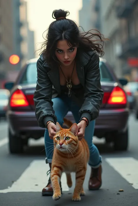 "Luna grabs cat by the scruff of his neck just as the car speeds past. The scene shows her strong and protective stance, pulling category mother to safety."