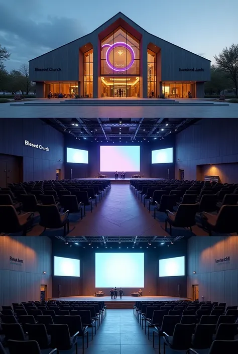 Create a split image of a church inside and out. The Church is called Blessed Church and aims to be VERY modern and young.. On the outside it has the logo which is two circles intertwining like a very large LED door., as if people entered the gap between t...