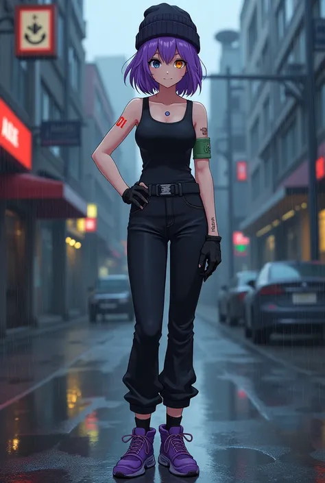 *a young pale lady with purple beanie and tip purple hair and black eye with orange scarf and with fingerless gloves black tank top and black officer pant with fade purple shoe black sock also know as eva she got tattoo 01 that red she also wear green plai...