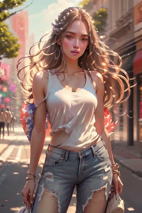 digital painting, a woman standing on a street, white tank top, jeans shorts, long flowing hair, detailed face, detailed eyes, d...