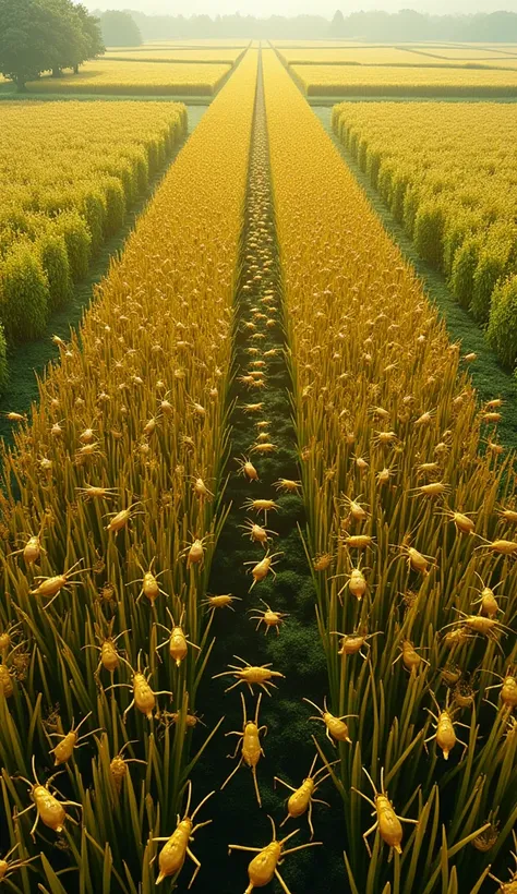 3d、Ultra HD、Aerial view、There is a shadow、The background is rice fields.、Photorealistic、A very large number of insects, yellow grasshoppers、Yellow grasshoppers are filling the rice fields、Yellow grasshoppers fill the sky