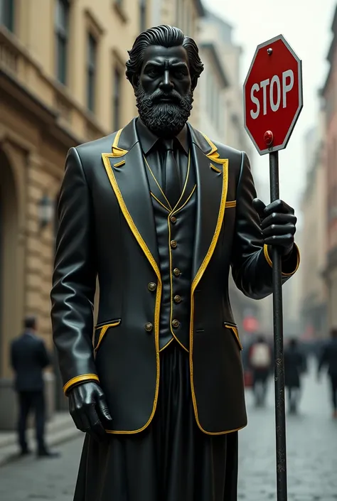 Greek statue dressed in a black suit with yellow details holding a traffic sign that says STOP