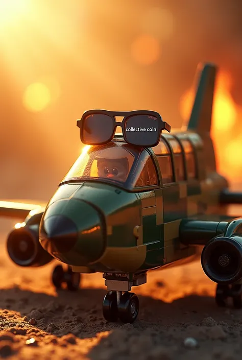 Photo of a camouflaged lego plane and aviators with word "Collective Coin" written on it. With sunlight and flames of fire.