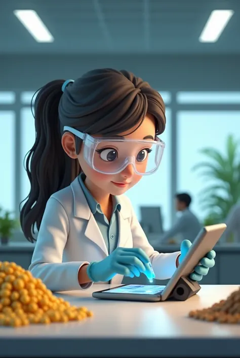 create an image with a lab technician(animated image)  fiddling with a countertop tablet that on your front counter has corn and soybeans and degummed oil

