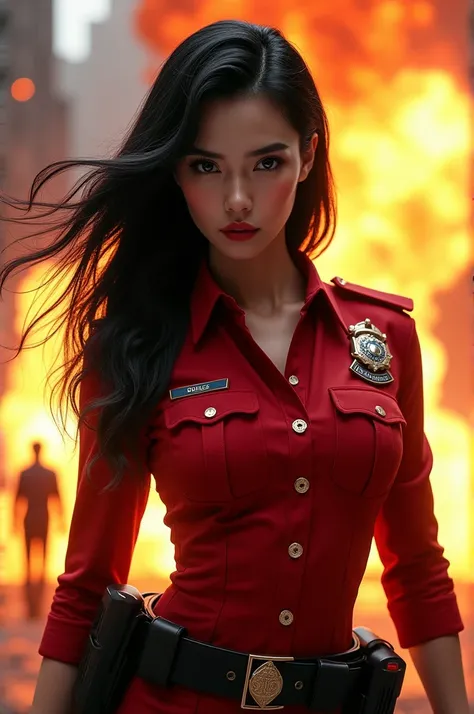 A black haired police woman wearing a red dress with an explosion behind