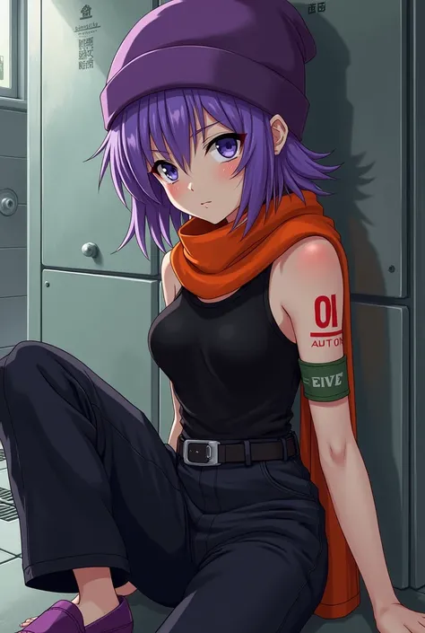 *a young pale lady with purple beanie and tip purple hair and black eye with orange scarf and with fingerless gloves black tank top and black officer pant with fadded color purple shoe also know as eva she got tattoo 01 that red she also wear green plain a...