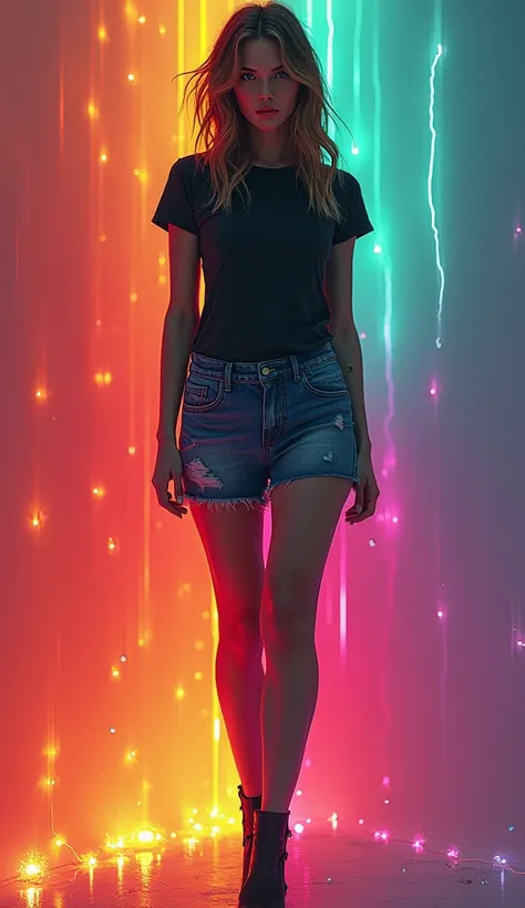 photo realistic, abstract full body portait, woman, colorful gradient, full palete of colors in gradient  (red, green, blue, orange, black, yellow, pink, purple, white, silver, gold, ruby), stand in model pose, wearing short skirt and torn t-shirt, beautif...