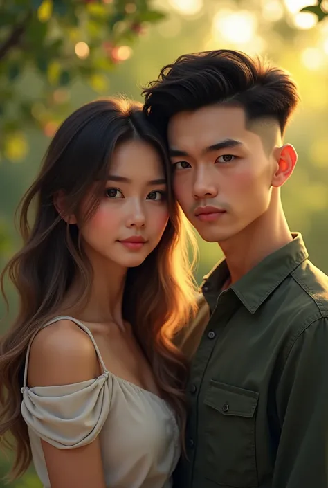 American Girl with dark brown hair with blonde highlights with her Vietnamese Boyfriend, Black Hair and Undercut slicked back 