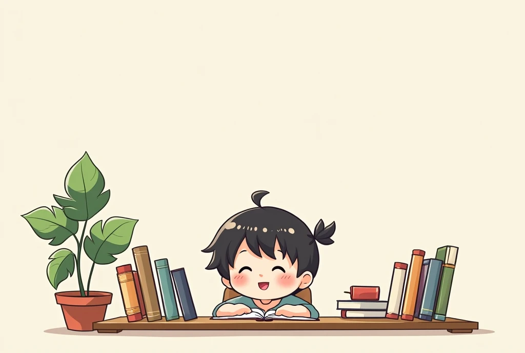 The child sits at a clean and tidy desk，There are neatly arranged books and stationery on the desk，The child happily looks at the surrounding environment。Cartoon，可爱Cartoon，可爱Cartoon风格，Cute illustration，Clean anime art，Simple background