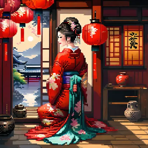 (Beautiful courtesan sitting with her naked back showing: 1 woman),Kimono half undressed,Beautiful and smooth skin,very beautiful back,A corner of an okiya in Kyoto,dim background,dim light from lanterns,BREAK,((Tattoos all over a womans back: Hundred flow...