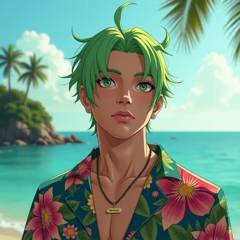 a young man with three pieces of hair who appears to be bald wearing a floral shirt with green hair, a handsome body, wearing a necklace at nakasulat ang pangalan nya na  SANMAO, with a sea background and an island on the left