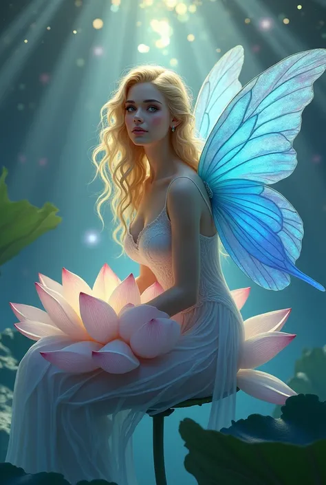 beautiful woman with blonde hair, beautiful lips, fairy with blue wings and a bright halo, astral fairy, beautiful fairy, beautiful adult fairy, beautiful fantasy art, fairy, beautiful sorceress fairy, beautiful fairy, beautiful fairy, very beautiful fanta...