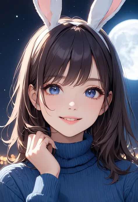 (masterpiece:1.5),(Beat quality),(high res),1girl solo,beautiful face,smile,upper body,Woman in blue sweater with bunny ears,Full moon night