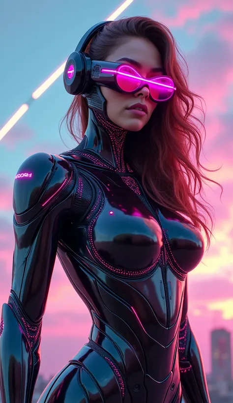 Young italian woman with brown waved hairs, Robot humanoid suit , Neon glasses, neon suit, open sky neon lights in a future world, skeleron vr headset, full body view