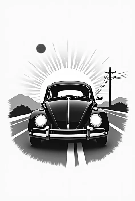 Create a minimalist, monochromatic T-shirt design centered around the iconic silhouette of a Volkswagen Beetle (Fusca). The design should primarily use black and white tones, focusing on the clean and recognizable shape of the Beetle. Incorporate subtle de...