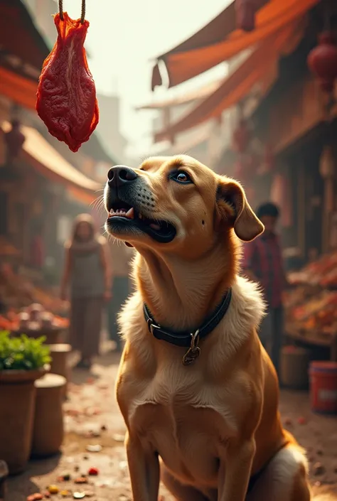 A greedy dog is looking at a piece of meat from a distance in a crowded market.