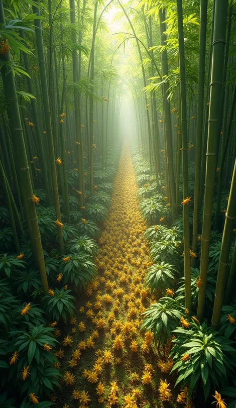 3d、Ultra HD、Aerial view、There is a shadow、The background is a bamboo forest、Photorealistic、A very large number of insects, yellow grasshoppers、Yellow grasshoppers insects fill the bamboo forest、Insect yellow grasshopper clinging to bamboo