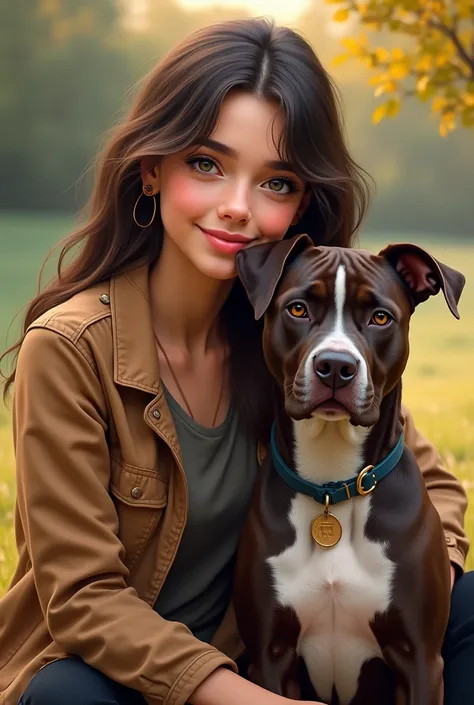 American Girl with dark brown hair with blonde highlights and a brown/white Pitbull