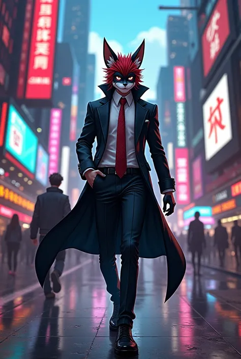 make me a image of redhair shunks of onepiece wearing a business class suit in the cyberpank street