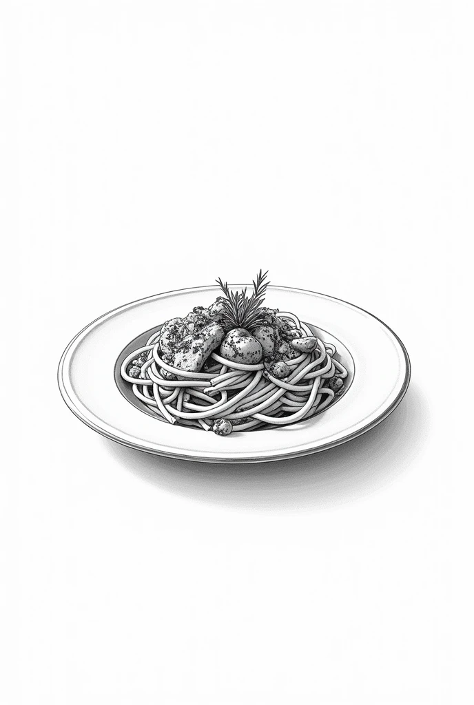 plat italien dans une assiette sous forme de dessin en trait noir et blanc 