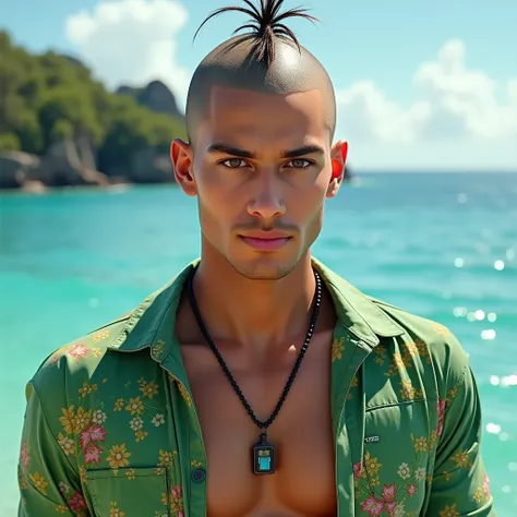 a young man with three pieces of hair who appears to be bald wearing a floral shirt with green , a handsome body, wearing a necklace at nakasulat ang pangalan nya na  SANMAO, with a sea background and an island on the left realistic