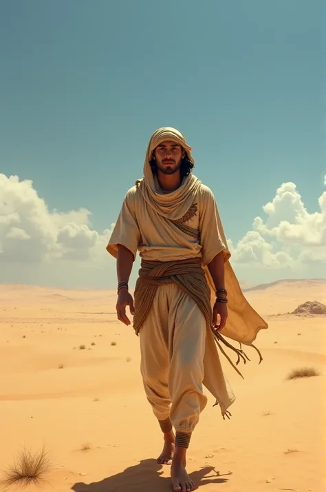 Young Egyptian man walking in the desert 
