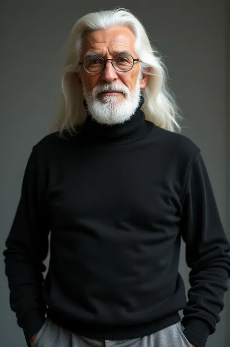 Old man, white long hair, white long, neat beard, black turtleneck, gray trousers, round glassess, 118cm