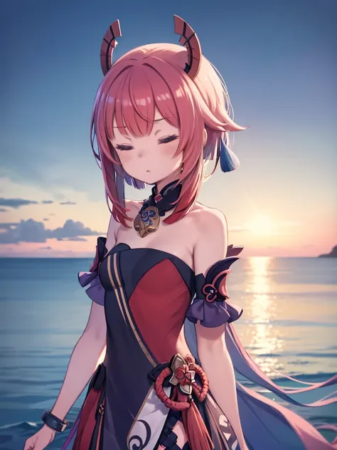 Nirou (Genshin Impact), Behind the Sea, One girl, Blurred Background, Mouth closed, Bare arms, accessories, Bare sleeves, [Bare shoulders, Redhead, bracelet, necklace, Cowboy Shot, Landscape