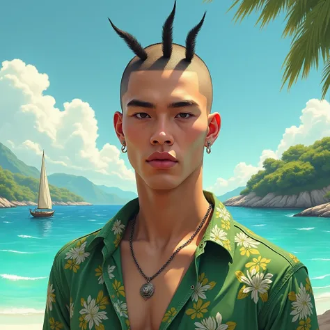 a young man with three pieces of hair who appears to be bald wearing a floral shirt with green , a handsome body, wearing a necklace at nakasulat ang pangalan nya na  SANMAO, with a sea background and an island on the left realistic