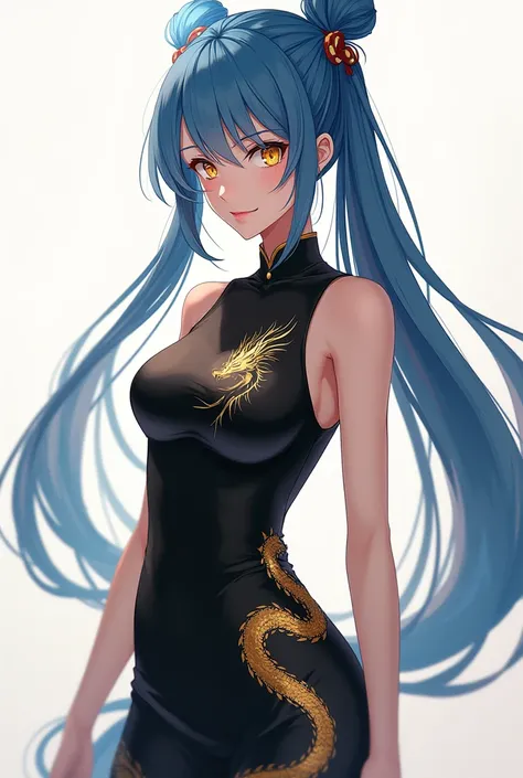 anime, girl, detailed, blue hair, Black dress, Chinese dress, Beautiful face, A little self-confident, I have a bun, Sharp, controlled eyesight, Japanese style face, fit, thin, big breasts, golden dragon pattern, cool, long hair, yellow eyes, sexy