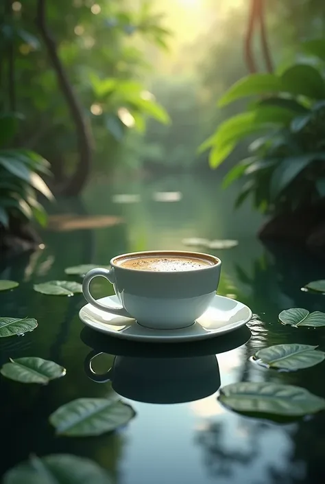  A cup of coffee in the center of a calm body of water, surrounded by floating leaves and reflections of the jungle. the text "Jungle Corner" can be on top of the design in a sleek, flowing style.