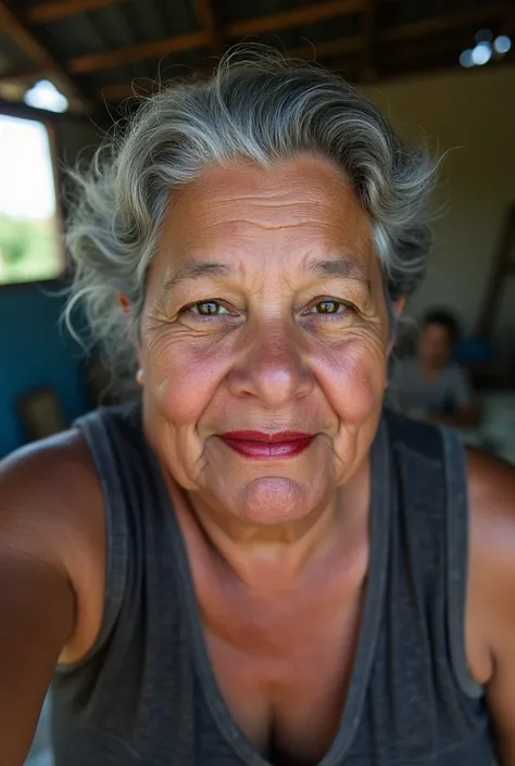 third world lady taking poor quality selfie with overweight without smile and not soft skin with red lipstick posing but she is unattractive and she is over 50 years old