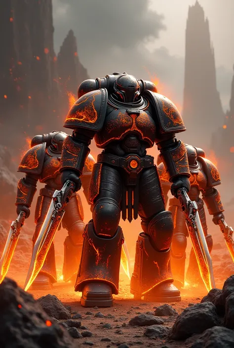 Creates a squad of orange and black Lava Space Marines armed with chainswords. 