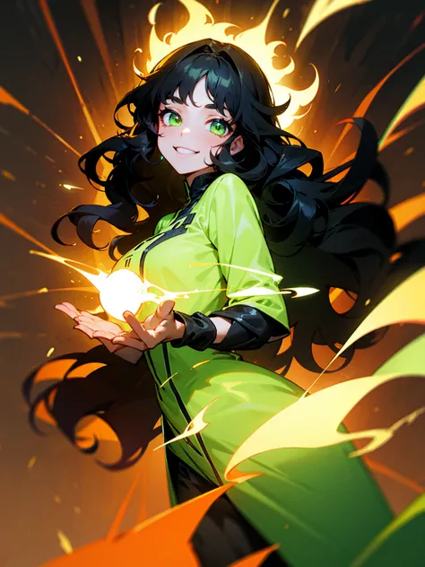 1female, green eyes, light up clothing, flaming, smile, black hair, wavy hair, hands to the side