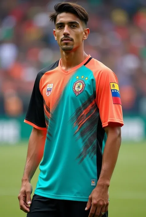 Turquoise and coral colored playing shirt with one black sleeve and the other sleeve with the Venezuelan flag
