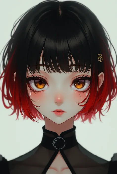 A girl with a capul, the root of her hair is red, continuous black and the bottom is red, short hair, black outline on her eyes, brown eyes with white teas with freckles 