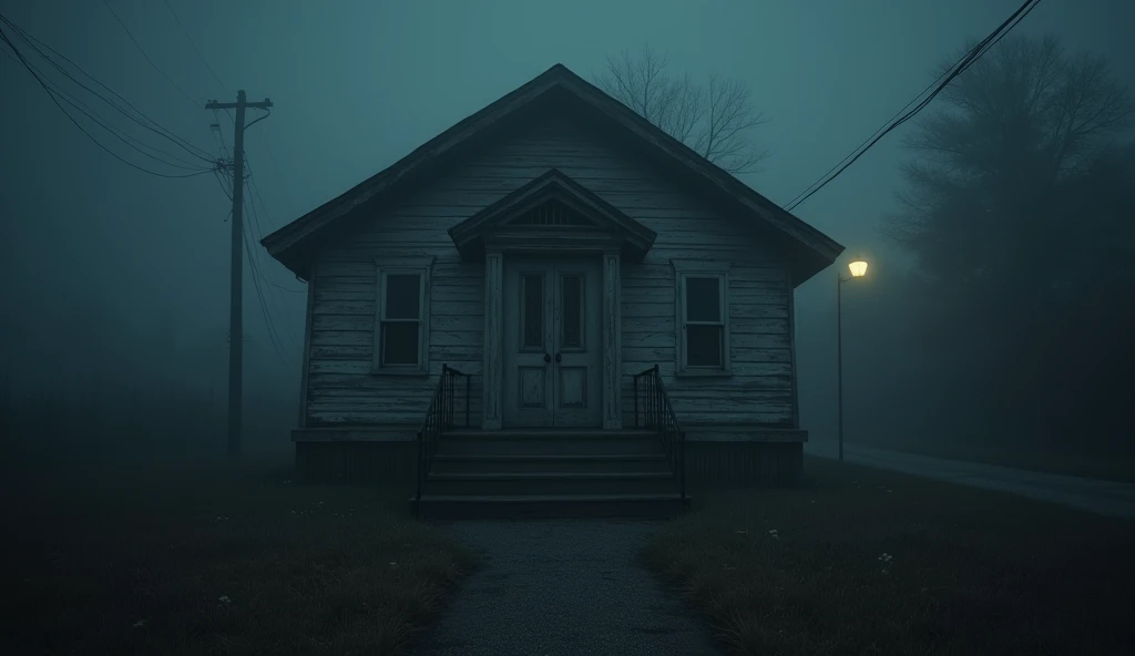 the front door of a neighborhood abandoned house at night, Dense fog, dark atmosphere, dim light, darkness, night fog