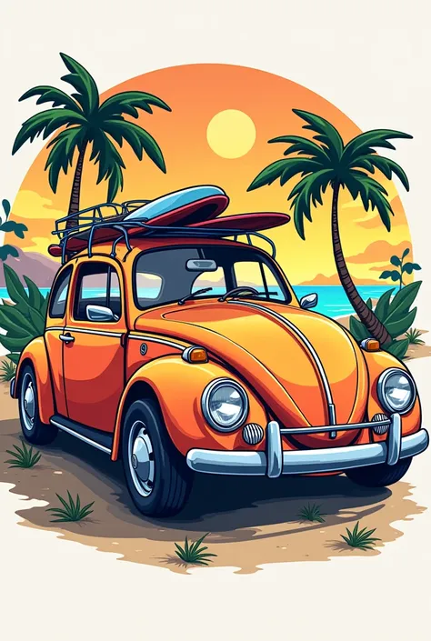 Design a playful and humorous T-shirt centered on the Volkswagen Beetle (Fusca). The illustration should depict the Beetle as a lively, cartoonish character involved in a funny or exaggerated situation. Incorporate elements of pop culture, like the Beetle ...