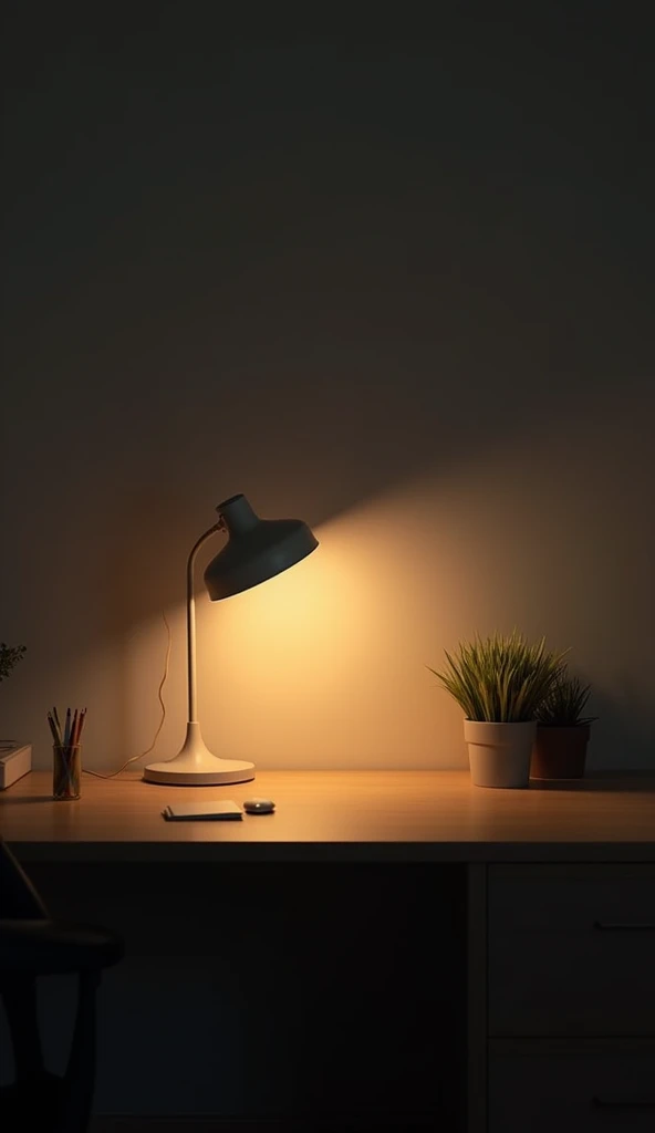 A lamp on a desk without any person.  