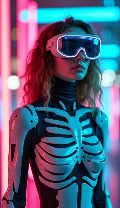 Young italian woman with brown waved hairs, Robot skeletal boney humanoid suit , Neon glasses, neon suit, open sky neon lights in a future world, skeleton glass vr headset, full body view