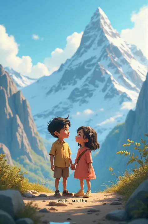 Small boy and girl with writing owais and Maliha with mountain in background