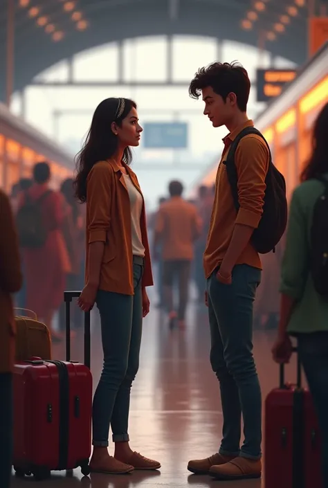 A train station or airport scene where Riya is seen leaving with her luggage. She waves goodbye to Aansh.Aansh stands at a distance, his hand half-raised, as if wanting to stop her but knowing he can’t.3d