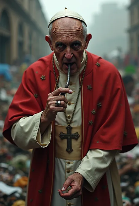 Pope Francis smoking a crack pipe, hard drug face, red eyes, dump outside of a kindergarden, with a red robe, crazy face full body