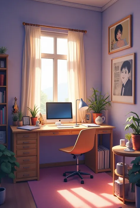 Imagine a room that is a reflection of a creative person. The walls are painted in a soft shade of lavender., decorated with posters of Korean poets and writers.
- A light wooden desk is filled with poetry notebooks, fountain pens and calligraphy books. in...