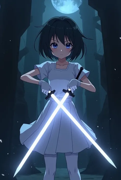 In the Dark，White short-sleeved school uniform，White pleated skirt，white pantyhose，White gloves，Black hair anime girl，Each hand holds a magic sword￼