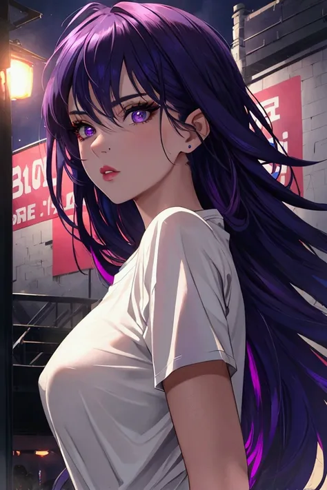 a girl with purple hair, small breasts, short height, mechanical fists, oversized t-shirt, realistic, photorealistic, photo-realistic:1.37, extremely detailed eyes and face, beautiful detailed lips, longeyelashes, dynamic pose, cinematic lighting, moody at...