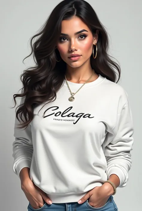 Big breast girl wear white sweatshirt Aash name brand realistic pic