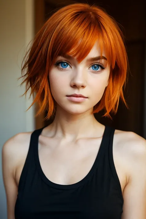 solo, 1girl, young, orange hair, short hair, messy hair, brown eyebrows, blue eyes, eyeliner, half-body, black t-shirt