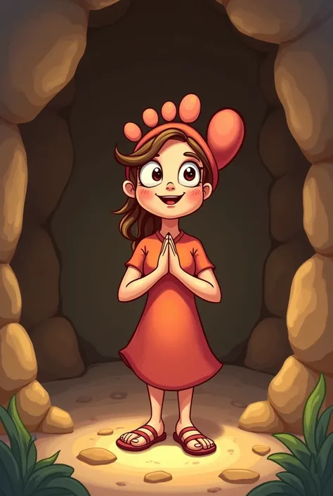 I want an image of a foot teacher with her hands intertwined, that it be in a cartoon in a cave